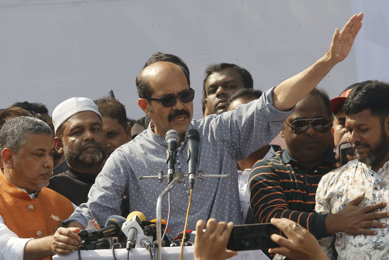 Awami League nominated mayoral candidate in Dhaka North City Corporation elections Atiqul Islam addresses an election rally at Beraid Muslim High School ground, Dhaka on 21 January 2020. Photo: Nasrin Akhter