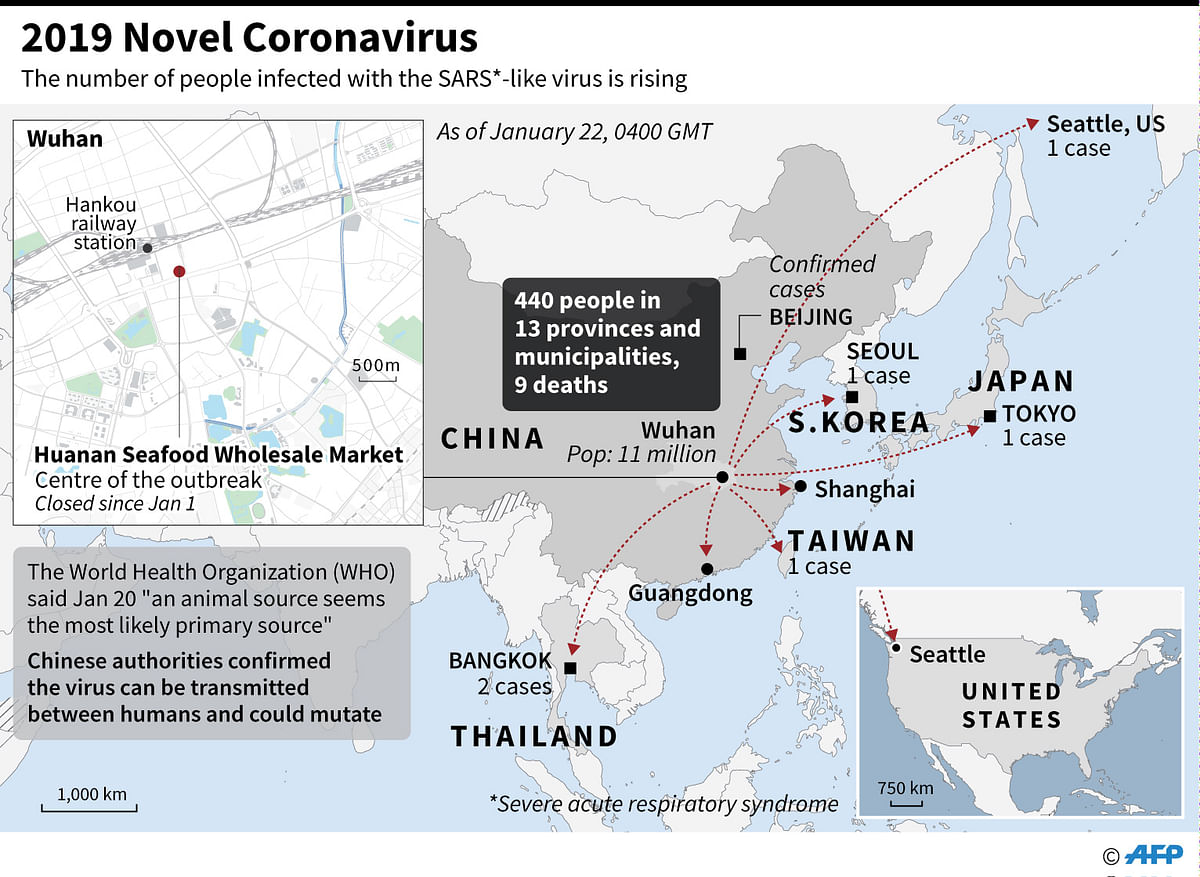 Regional map including China, Japan, Thailand, South Korea, and Wuhan Seafood Market, identified as the centre of an outbreak of a SARS-like virus. Photo: AFP