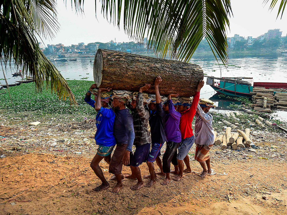 Bangladeshi workers carry a wood log after unloading it from a cargo boat near the Buriganga river in Dhaka on 19 January 2020. Photo: AFP