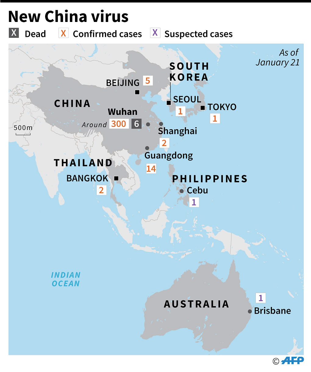 Regional map of Asia showing countries with deaths and confirmed and suspected cases of the SARS-like virus first identified in Wuhan, China, as of 21 January. Photo: AFP