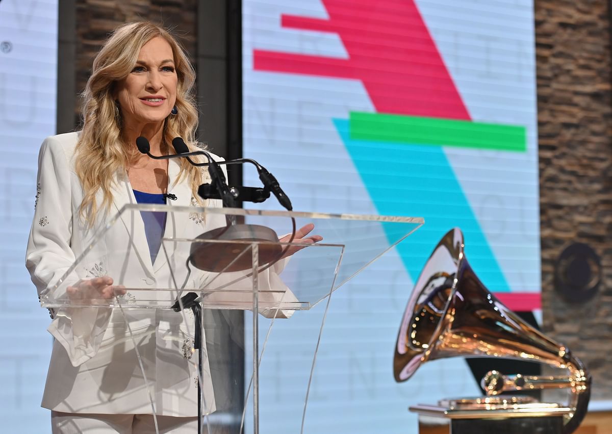 In this file photo Recording Academy president and CEO Deborah Dugan speaks during the 62nd Grammy Awards Nominations Conference at CBS Broadcast Center on 20 November 2019 in New York City. Photo: AFP
