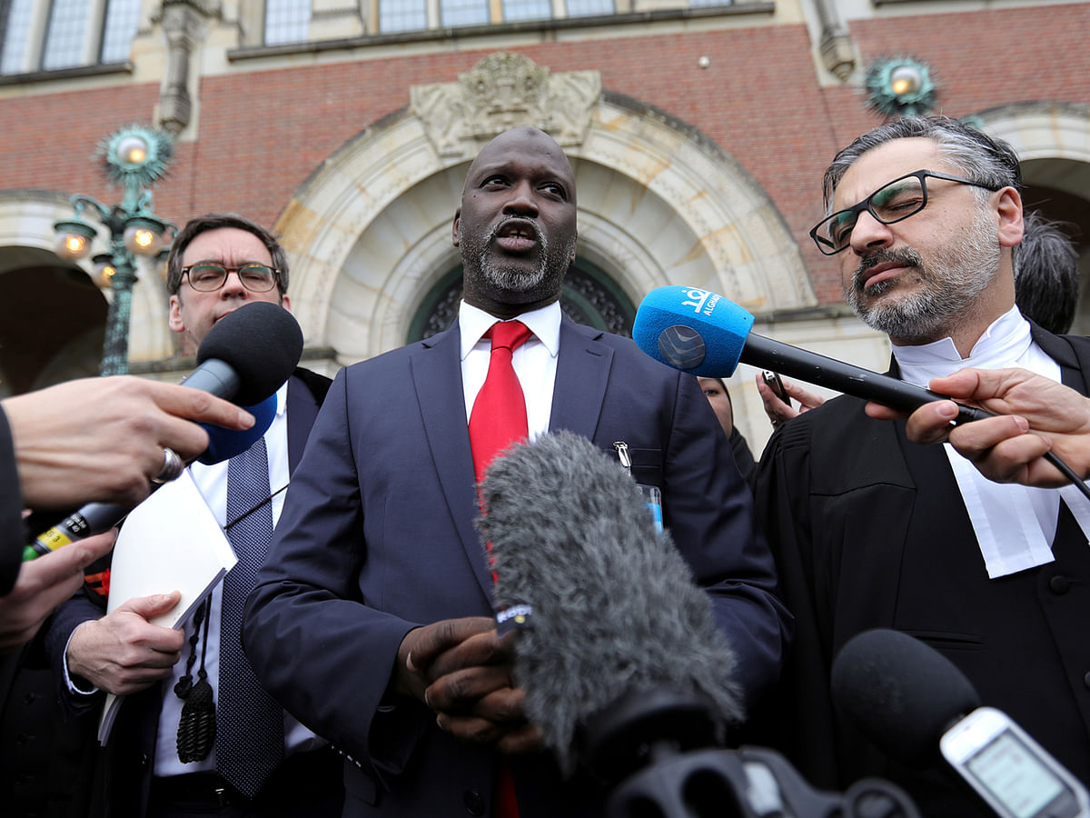 Gambia`s justice minister Abubacarr Tambadou talks to the media outside the International Court of Justice (ICJ), after the ruling in a case filed by Gambia against Myanmar alleging genocide against the minority Muslim Rohingya population, in The Hague, Netherlands 23 January, 2020. Photo: Reuters