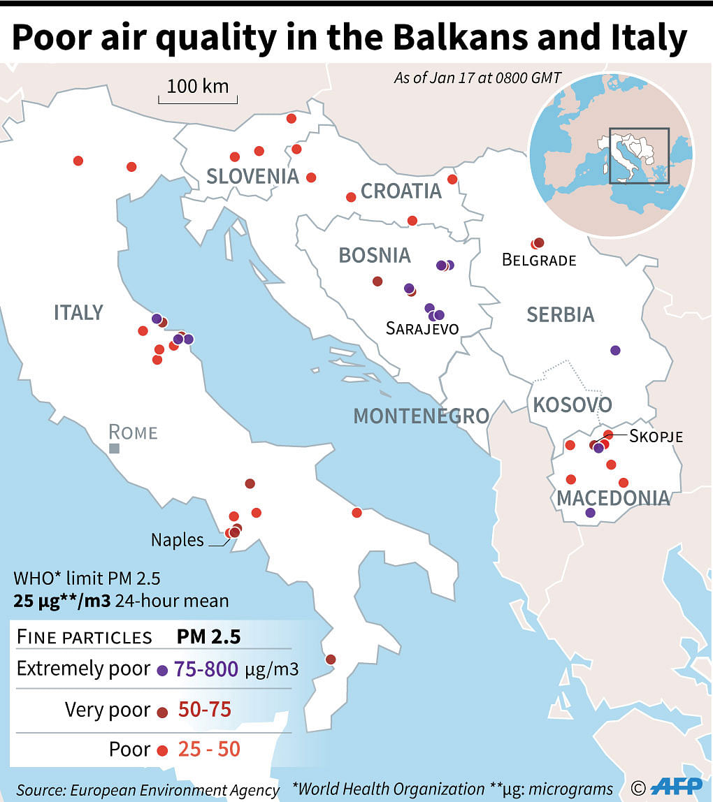 Map showing high levels of air pollution in cities across the Balkans and Italy. Photo: AFP