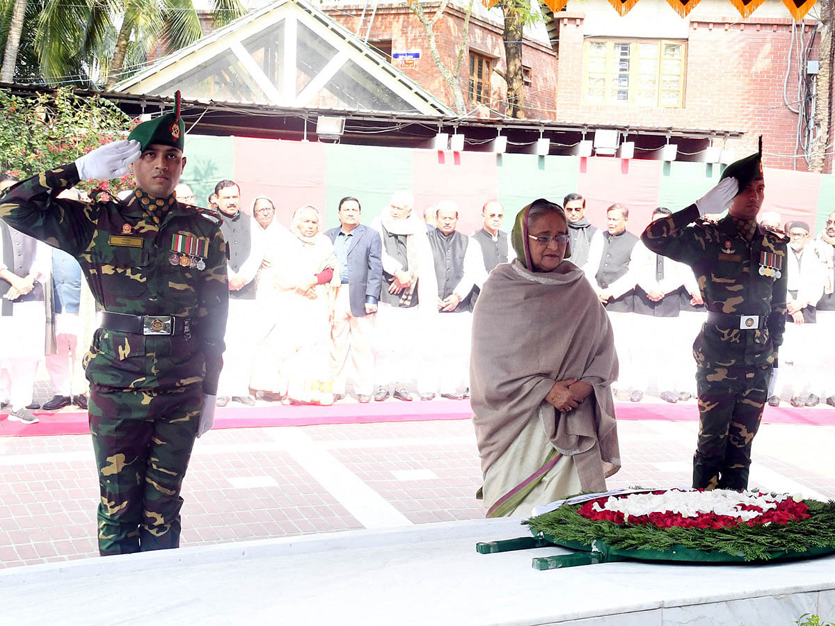 Prime minister Sheikh Hasina pays tribute to Bangabandhu Sheikh Mujibur Rahman at his grave in Tungipara, Gopalganj on 24 January 2020. Photo: PID