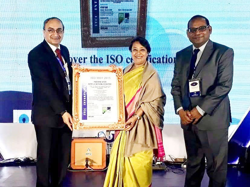 Indian High Commissioner to Bangladesh Riva Ganguly Das receives the ISO 9001:2015 certificate, awarded to Indian Visa Application Centre in Bangladesh. Photo: Courtesy