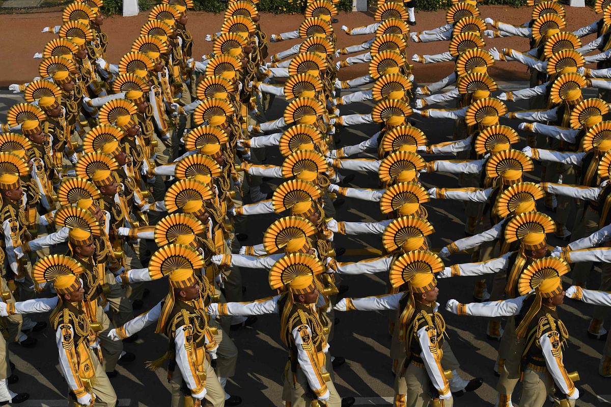 Soldiers march along Rajpath during the Republic Day parade in New Delhi on 26 January 2020. Photo: AFP