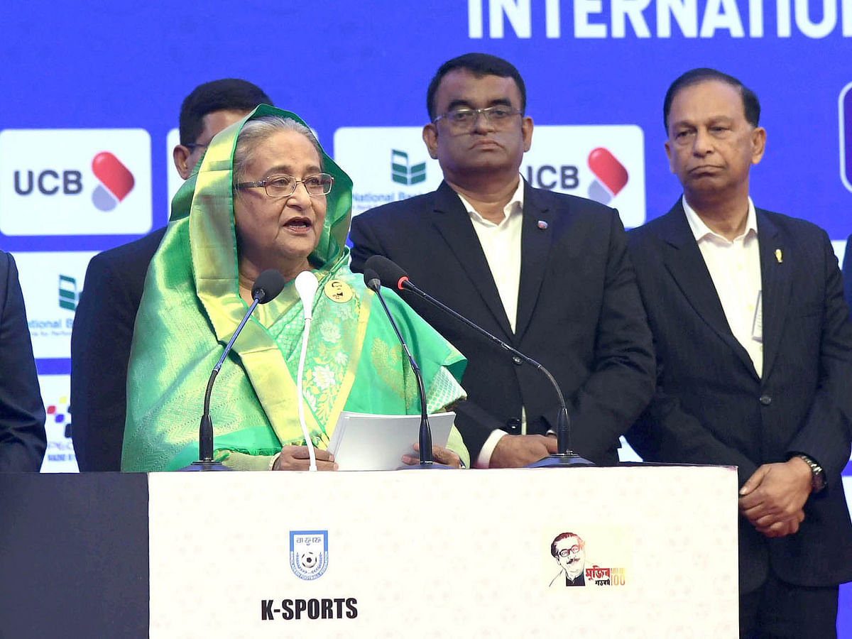 Prime minister Sheikh Hasina addresses the closing programme of Bangabandhu Gold Cup International Football Tournament, 2020 at the Bangabandhu National Stadium, Dhaka on 25 January 2020. Photo: PID