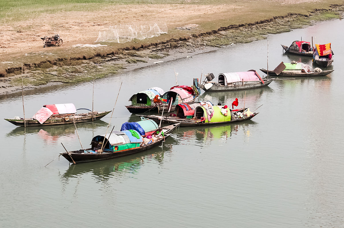 Fishing boats on Arial Kha river at Charbaria, Barishal on 25 January 2020. Photo: Saiyan