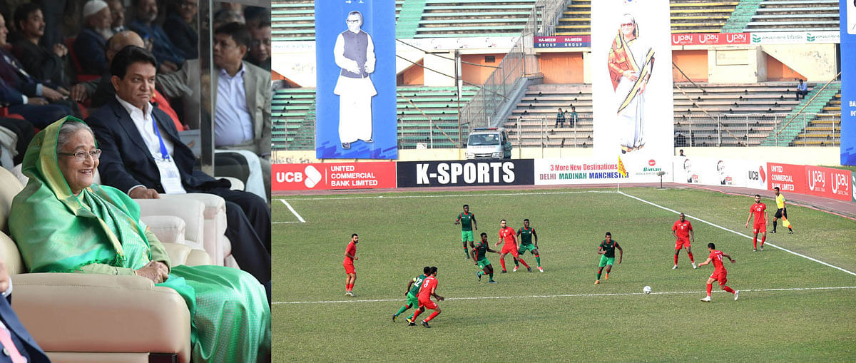 Prime minister Sheikh Hasina enjoys the second half of the final match of Bangabandhu Gold Cup International Football Tournament, 2020 at the Bangabandhu National Stadium, Dhaka on 25 January 2020. Photo: PID