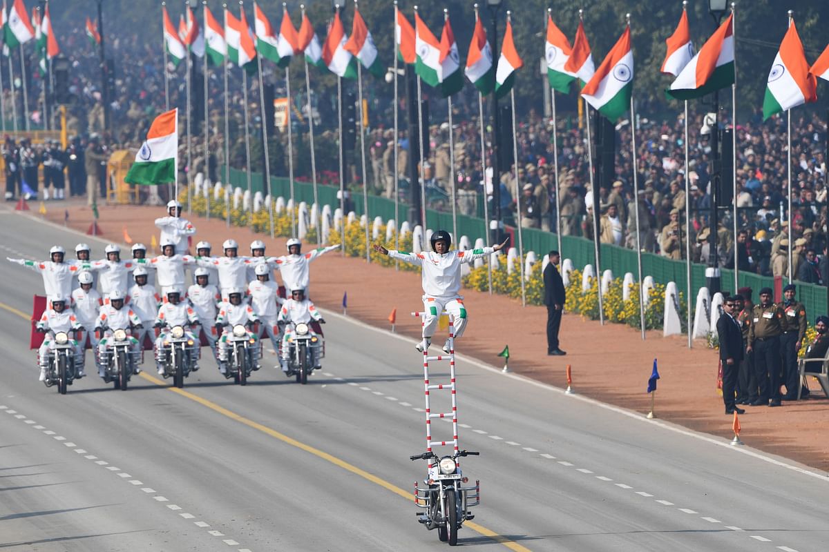 Central Reserve Police Force (CRPF) women motorcycle team members perform during the Republic Day parade in New Delhi on 26 January 2020. Photo: AFP
