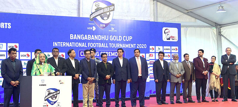 Prime minister Sheikh Hasina addresses the closing programme of Bangabandhu Gold Cup International Football Tournament, 2020 at the Bangabandhu National Stadium, Dhaka on 25 January 2020. Photo: PID