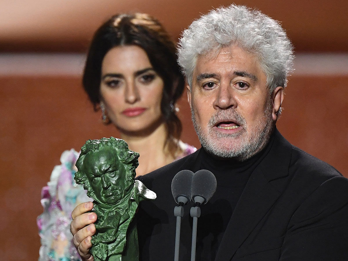 Spanish film director Pedro Almodovar receives the best direction award for `Dolor y Gloria` (Pain and Glory) at the 34th Goya awards ceremony in Malaga on 25 January 2020. Photo: AFP