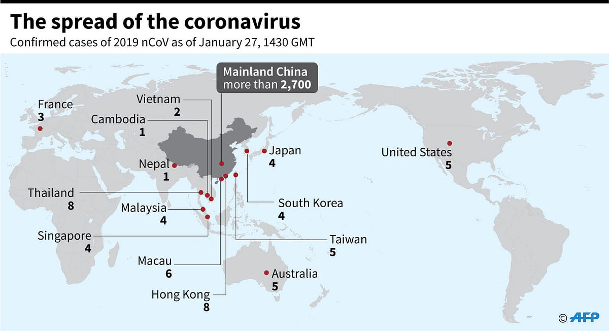 Map showing countries and territories where cases of the China virus have been confirmed, as of 27 January. Photo: AFP