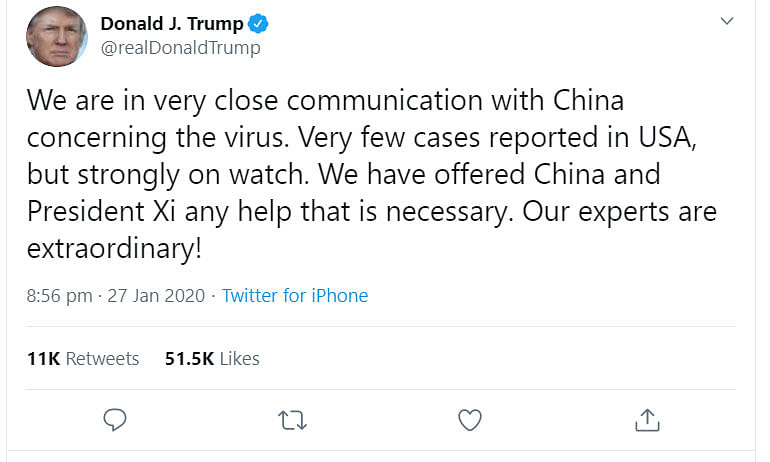 US president Donald tweets on Coronavirus outbreak in China.