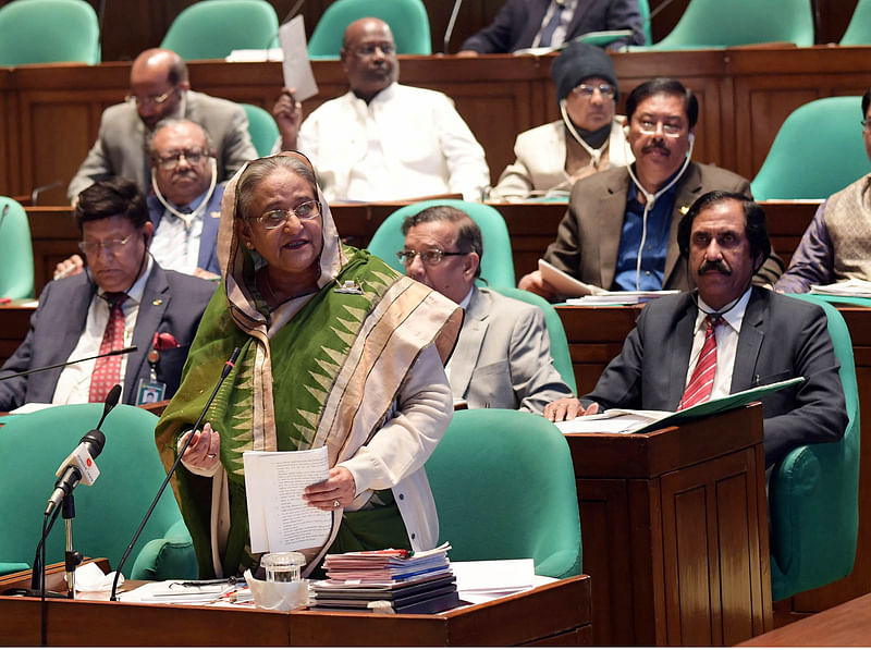 Prime minister Sheikh Hasina speaks at the parliament on Wednesday. Photo: PID