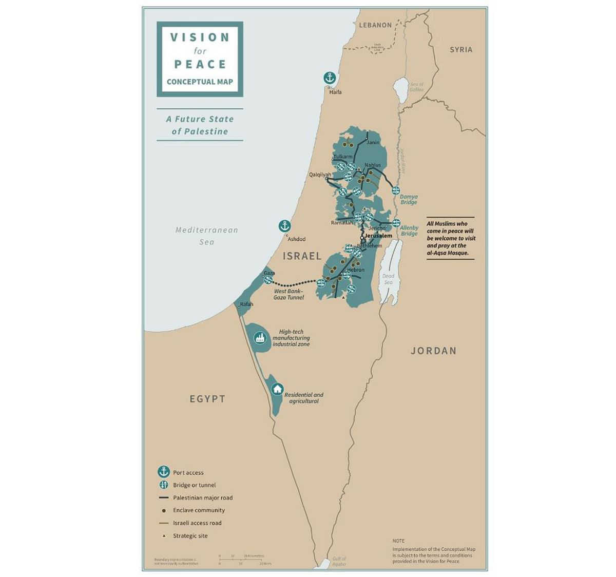This map image released by The White House in Washington, DC, on 28 January 2020, depicts the proposed future states of Israel and Palestine. US President Donald Trump released his long delayed Israeli-Palestinian peace plan on 28 January 2020, and promised `a new dawn` for the region, even though the Palestinians initially rejected the proposal as hopelessly biased. Photo: AFP