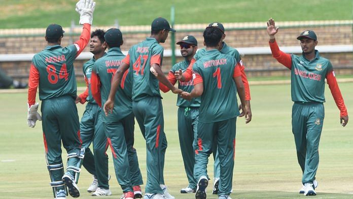 Bangladesh Under-19 cricket team celebrate a wicket. Photo: BCB