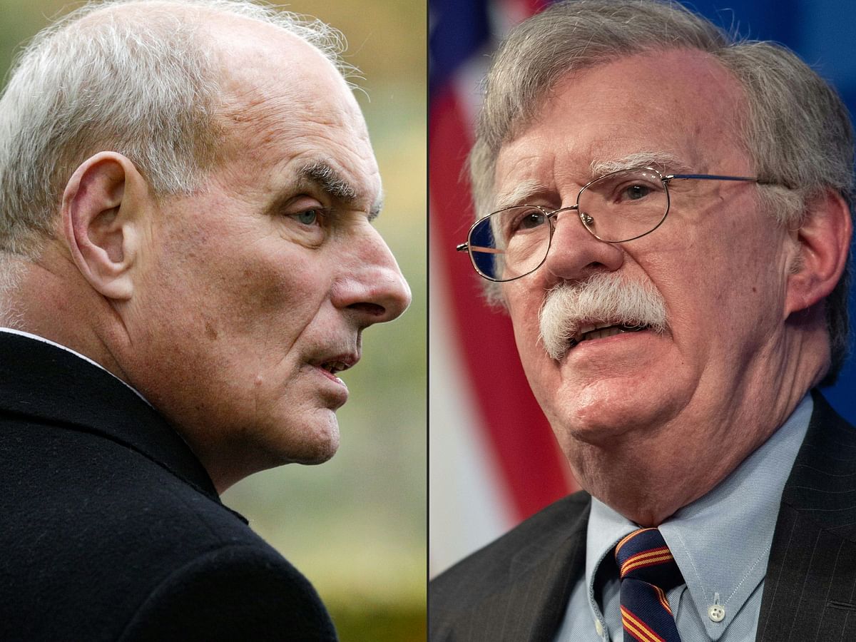This combination of pictures created on 28 January shows Retired United States Marine Corps general and White House chief of staff John F Kelly and US national security advisor John Bolton speaking about the administration`s African policy at the Heritage Foundation in Washington, DC, on 13 December 2018. Photo: AFP