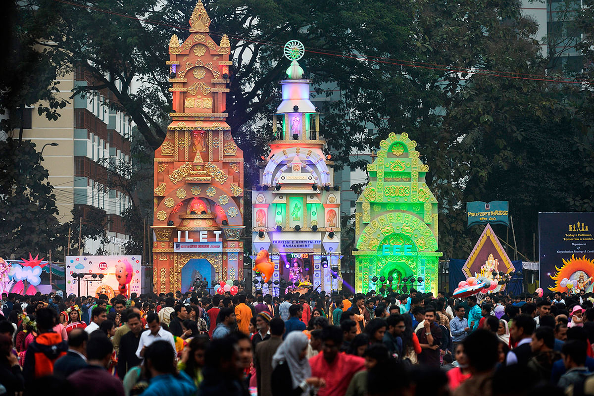 Hindu devotees gather on the occasion of Saraswati Puja in Dhaka on 30 January, 2020. Photo: AFP