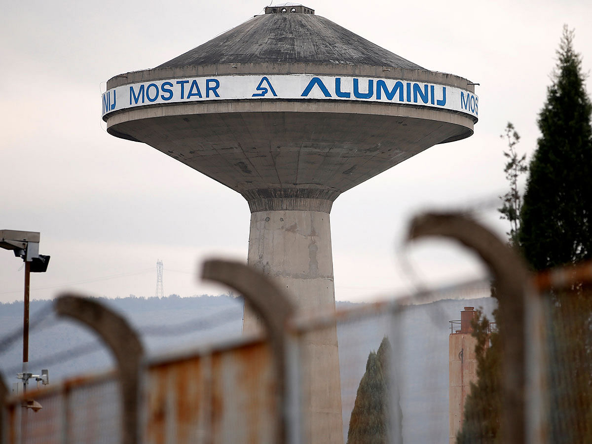 The logo of the Aluminij Mostar aluminium factory is pictured in Mostar. Photo: Reuters