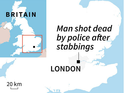 Map showing London where a man was shot dead by police Sunday after several people were stabbled. AFP