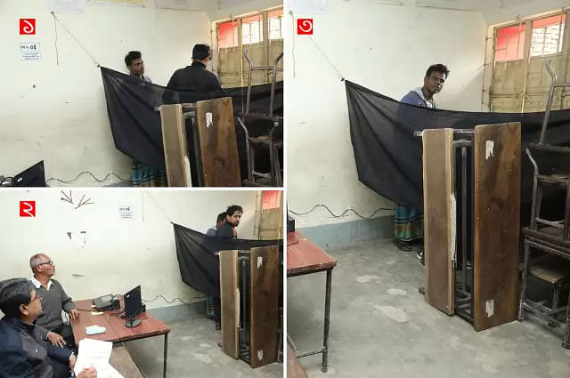A person enters with a voter at a booth at Ashrafabad Government Primary School. The person turns away when he hears a photo is being taken. He hides his face. The photo was taken at a polling station in Kamrangirchar, Dhaka