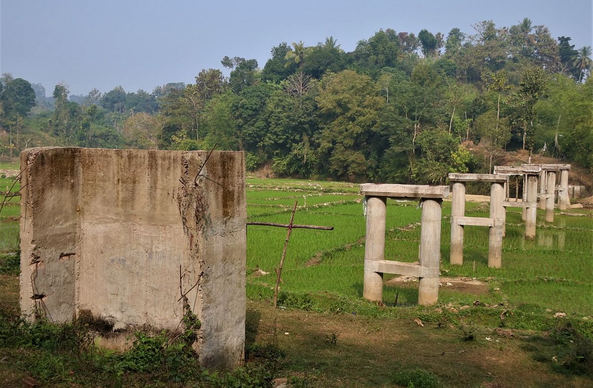 Pillars of a bridge at Uluchhara, Rangamati on 1 February 2020. The bridge has not been completed in two years and two of the pillars have already tilted. Photo: Supriya Chakma