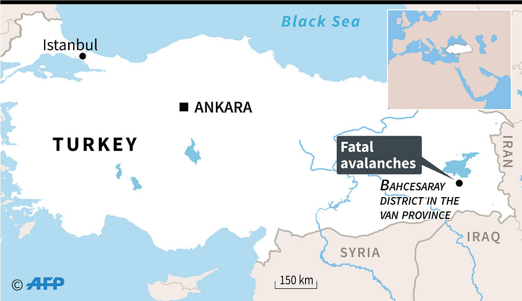 Map of Turkey locating Bahcesaray district in the Van province where a number of people were killed in avalanches Tuesday and Wednesday. Photo: AFP Meta: The bodies of 33 rescue workers and civilians were discovered in Van province, where they had been helping dig out a minibus buried by snow late Tuesday, the government`s disaster agency AFAD said