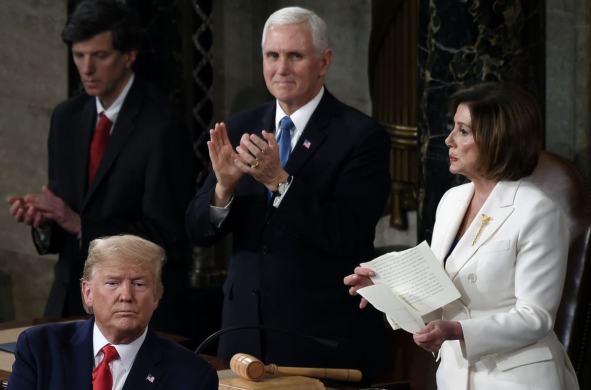 Speaker of the House Nancy Pelosi tears up President Trump`s speech after he delivered the State of the Union address in the chamber of the US House of Representatives at the US Capitol Building on 4 February 2020 in Washington, DC. Photo: AFP