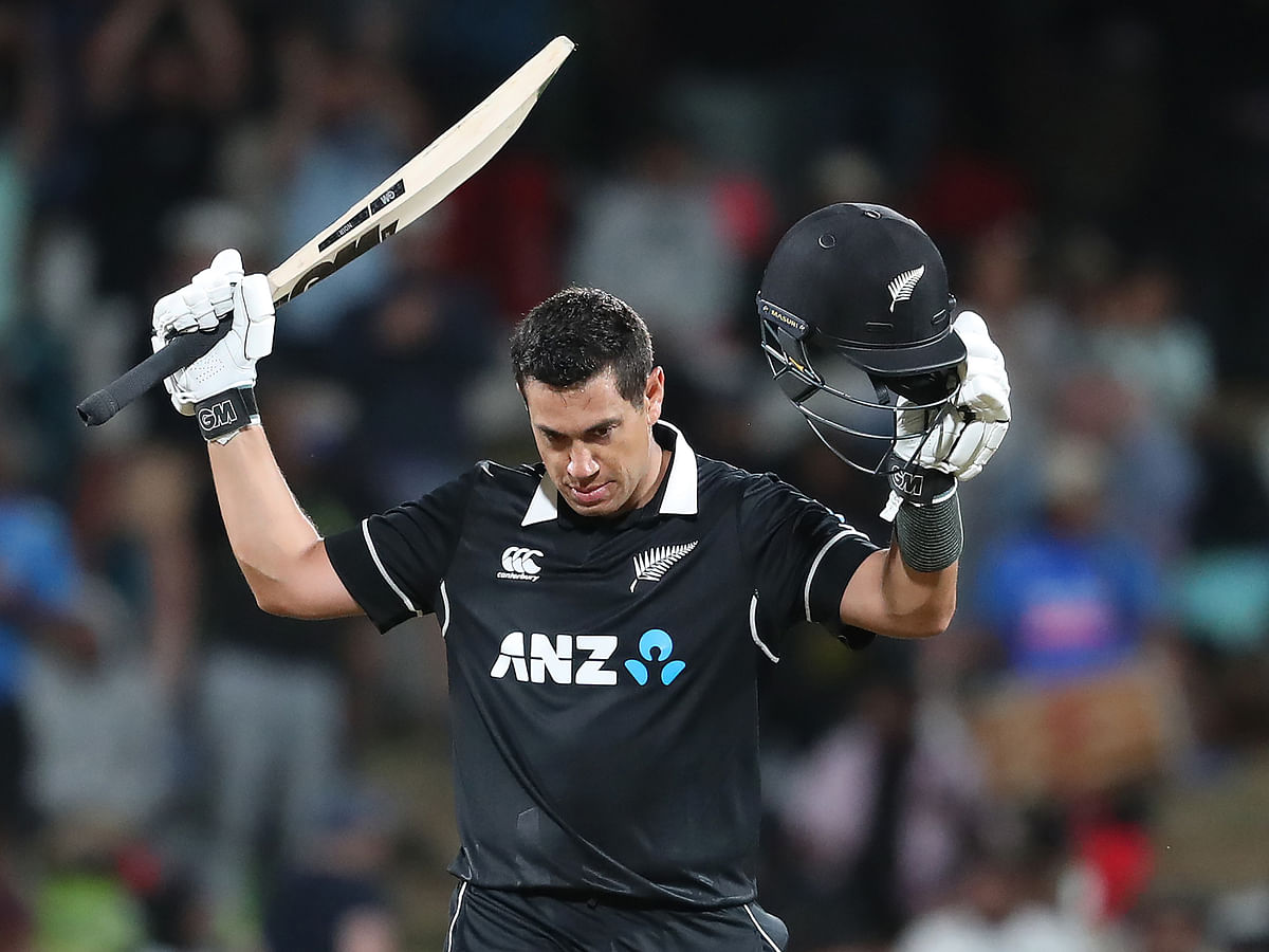 New Zealand’s Ross Taylor celebrates his 100 runs during the first one-day international cricket match between New Zealand and India at Seddon Park in Hamilton on 5 February 2020. Photo: AFP
