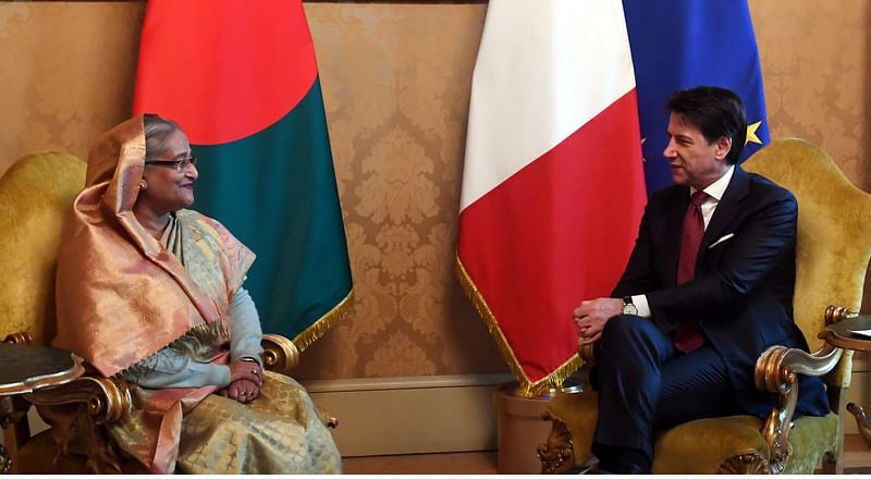 Prime minister Sheikh Hasina holds a bilateral meeting with her Italian counterpart Giuseppe Conte at Palazzo Chigi, the official residence of the Italian prime minister, in Rome, Italy on 5 February 2020. Photo: PID