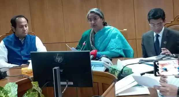 Education minister Dipu Moni speaks at a press conference at the secretariat on Thursday. Photo: Mustak Ahmed