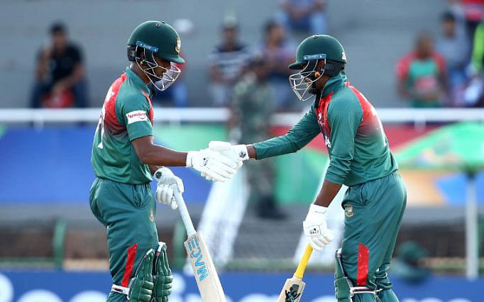 Mahmudul Hasan Joy and Shahadat Hossain in the semi-final against New Zealand. Photo: Cricket World Cup Twitter Handle