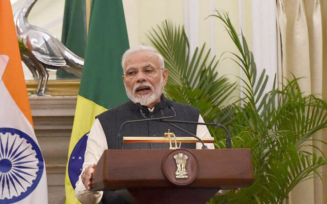 Indian prime minister Narendra Modi speaks during joint media briefing with Brazilian President Jair Bolsonaro (not pictured) at the Hyderadad House in New Delhi on 25 January 2020. AFP File Photo