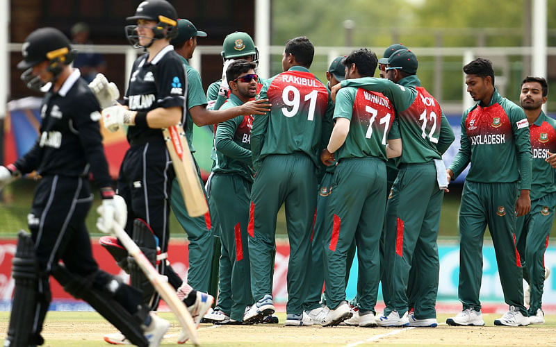 Bangladesh Under-19 players celebrate after the win in the semi-final against New Zealand. Photo: Cricket World Cup Twitter Handle