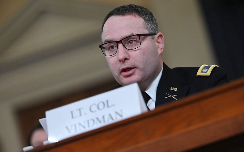 In this file photo taken on 19 November 2019 National Security Council Ukraine expert lieutenant colonel Alexander Vindman testifies during the House Intelligence Committee hearing, into the US president’s alleged efforts to tie US aid for Ukraine to investigations of his political opponents, on Capitol Hill in Washington, DC. Vindman, who testified at the hearings in the House of Representatives which led to the impeachment of president Donald Trump was ousted from his White House job on 7 February 2020, his lawyer said. Photo: AFP