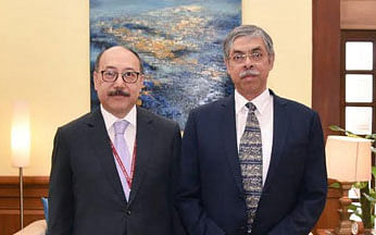 Bangladesh High Commissioner to India Muhammad Imran ® calls on the newly-appointed Indian foreign secretary Harsh Vardhan Shringla. Photo: BSS