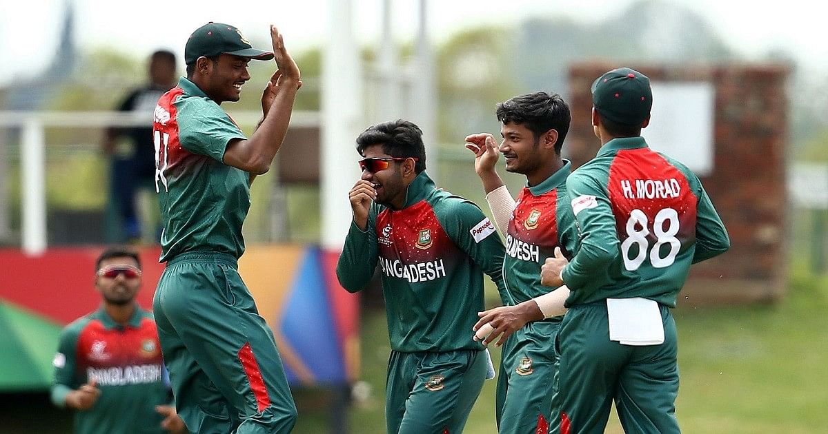 Players of Bangladesh Under-19 team celebrate a wicket. Photo: UNB