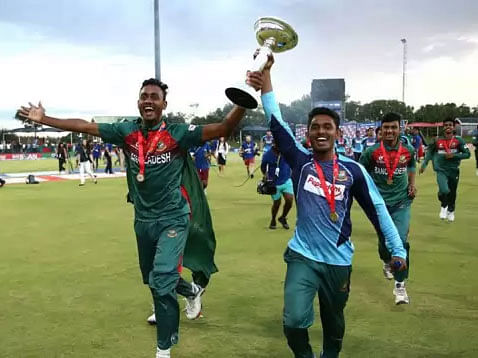 Bangladesh cricket players react after winning the ICC Under-19 World Cup cricket finals between India and Bangladesh at the Senwes Park, in Potchefstroom, on 9 February 2020. Photo: AFP