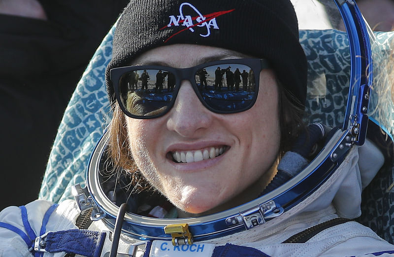 NASA astronaut Christina Koch smiles shortly after landing in a remote area outside the town of Dzhezkazgan (Zhezkazgan), Kazakhstan, on 6 February 2020. Photo: AFP