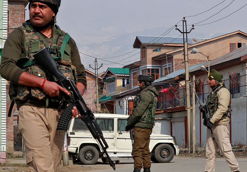 Indian security forces stand guard at the site of a grenade explosion in Srinagar on 6 February 2020. Photo: Reuters