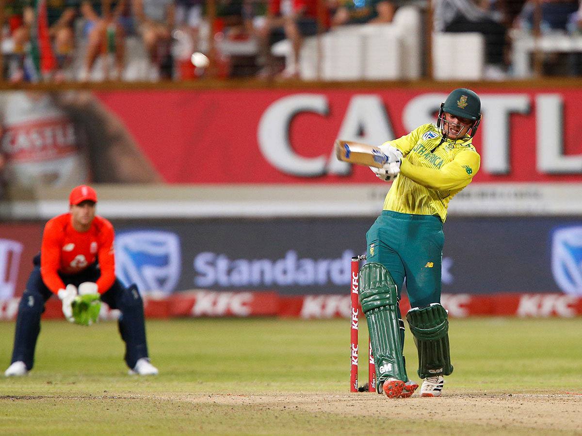 South Africa`s Quinton de Kock hits a six in the the second T20 match at Kingsmead Cricket Ground, Durban, South Africa on 14 February 2020. Photo: Reuters