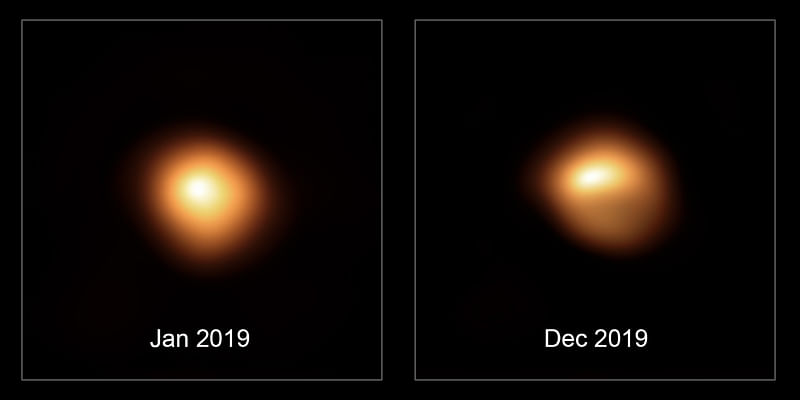 This handout photograph released by The European Southern Observatory (ESO) on 14 February 2020, shows the red supergiant star Betelgeuse, in the constellation of Orion, which has been undergoing unprecedented dimming, taken with the SPHERE instrument on ESO’s Very Large Telescope in January (L) and December 2019. Photo: AFP