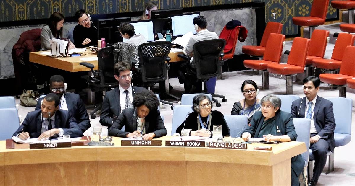 Bangladesh’s Permanent Representative to the UN ambassador Rabab Fatima addresses the UN Security Council open debate on `Peacebuilding and sustaining peace: transitional justice in conflict and post-conflict situation`. Photo: UNB