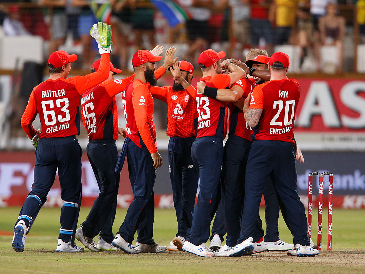 England players celebrate winning the second T20 match at Kingsmead Cricket Ground, Durban, South Africa on 14 February 2020. Photo: Reuters