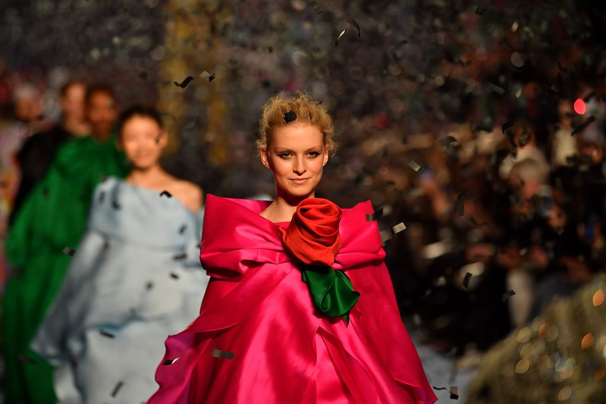 Models present creations by fashion house Richard Quinn during the catwalk show for their Autumn/Winter 2020 collection on the second day of London Fashion Week in London on 15 February.Photo: AFP