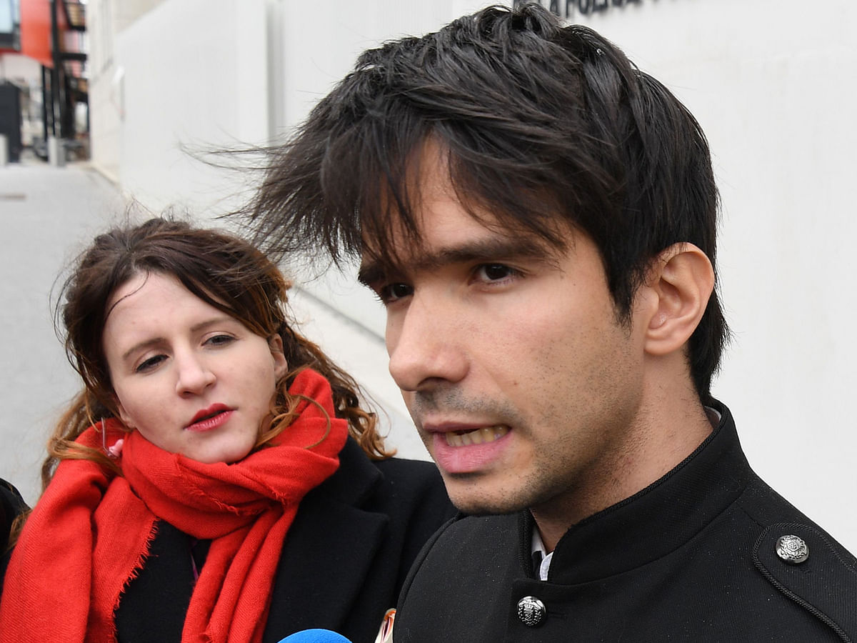 French lawyer Juan Branco answers the press after he met with his client, Russian artist Pyotr Pavlensky, as he leaves the judiciary police`s regional headquarters, northwestern Paris, on 16 February 2020. Photo: AFP