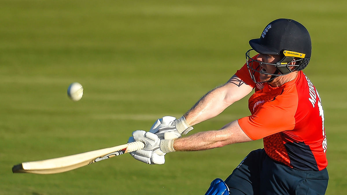 England`s captain Eoin Morgan plays a shot during the third T20 International cricket match between South Africa and England at the SuperSport Stadium in Pretoria, South Africa on 16 February 2020. Photo: AFP