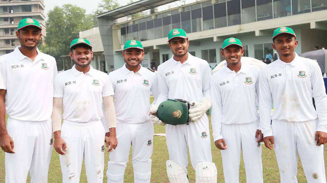 Six players of Bangladesh Under-19 team that win ICC Under-19 World Cup feature in the two-day tour game against Zimbabwe at Bangladesh Krira Shikkha Protisthan (BKSP) on 18 February 2020. Photo: UNB