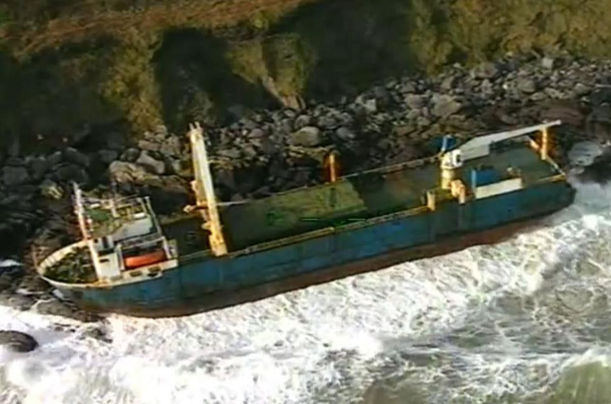A handout still image take from footage released by the Irish Coast Guard on 17 February and recorded on 16 February shows the abandoned MV Alta cargo ship on the rocks off the coast of Ballycotton near Cork in Ireland. Photo: AFP